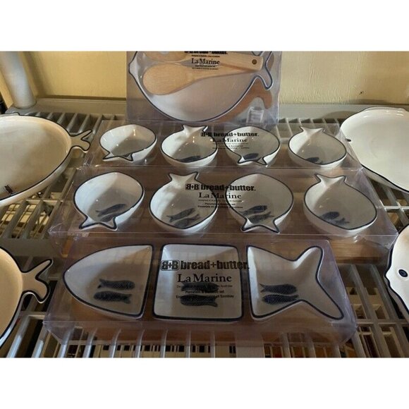 Nautical Porcelain Appetizer Plates, Bamboo Fish Design for Coastal Decor, New - Picture 2 of 5